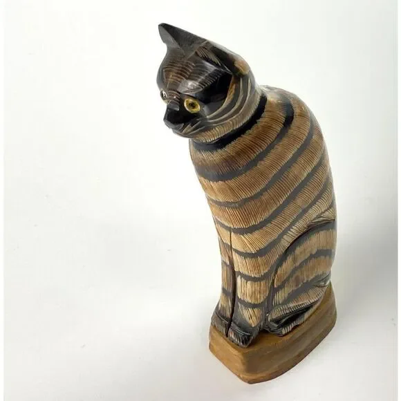 Carved Wooden Striped Cat Figurine Made in Thailand 7 in Tall Brown Black Unique - Picture 4 of 9